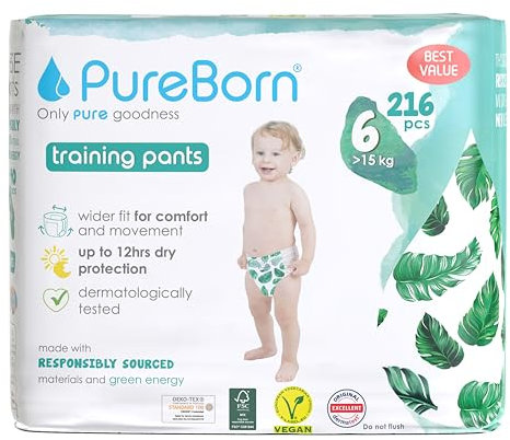 PureBorn 216 Windelhöschen Größe 6 (15+ kg), Ultra-Saugfähig, Hypoallergen, Weich & Sanft für Babys, Dermatologisch Getestet, Auslaufsicher, Umweltfreundlich aus Bambus