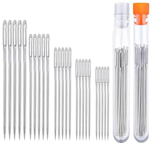 50 aghi da ricamo, aghi da ricamo senza punta, set di 5 misure di aghi da cucito in acciaio, ago grande con 2 tubi di conservazione, aghi da cucito multi specifiche per la tessitura di accessori fatti