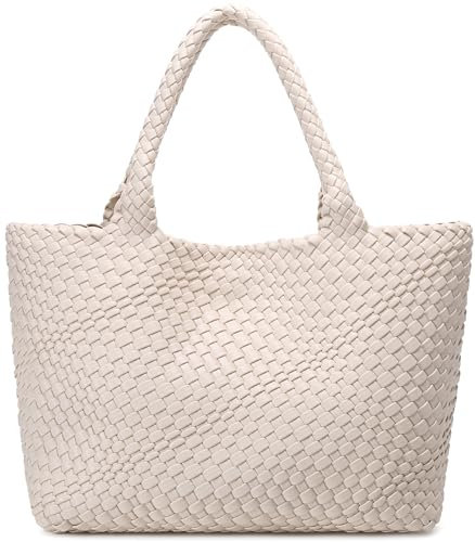 Queenoris Gewebte Tasche für Frauen, Mode Top Griff Umhängetasche Veganes Leder Shopper Tasche Große Reisetasche, Beige