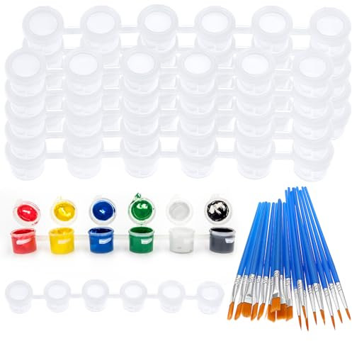 Prasacco 60 Pcs Empty Paint Pots Strips 3ml with 30 Pcs Paint Brushes Set, Clear Oils Paint Cups with Lid Acrylic Mini Paint Container Strips Kids Paint Brushes Set for Paintings Art School