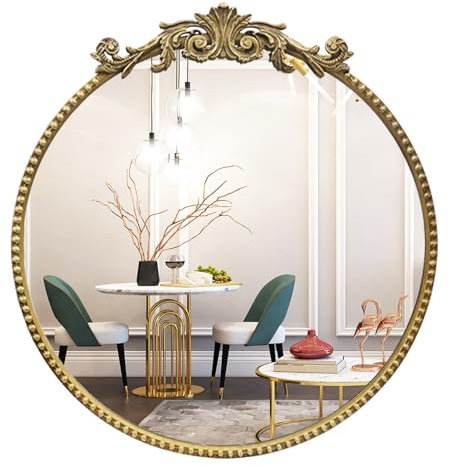 G-LEAF 40X40CM Retro Gold Runder Barock Spiegel, 15.7 inch Antik HD Runder Wandspiegel mit Metallrahmen für Badezimmer, Waschtisch, Wohnzimmer, Schlafzimmer, Eingang Wanddekoration Heimdekoration