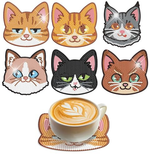 SHEGZHUC Diamond Painting Dessous de Verre Chat Lot de 6 Diamond Painting sous Verre Diamant Painting avec Support Broderie Diamant sous Verre Chat Animaux pour Café Tasses à Thé et Boissons