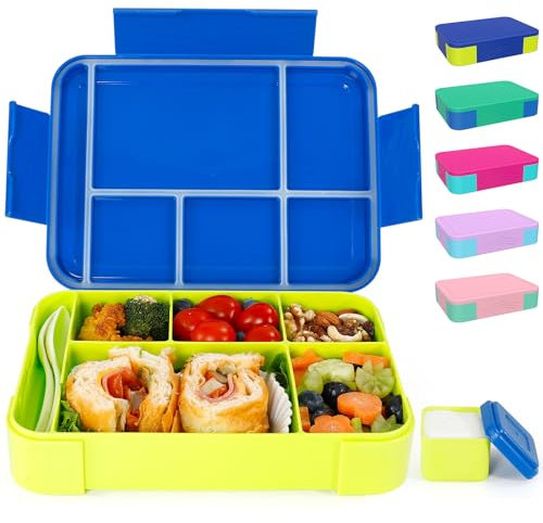 CAPERCI Brotdose Kinder mit Fächern, 1330ml 5 Fächern Bento Lunch Box, Auslaufsicher, Erwachsene Kindergarten Schule Ausflüge, Mikrowelle/Spülmaschinenfest(Dark Blue/Chartreuse)