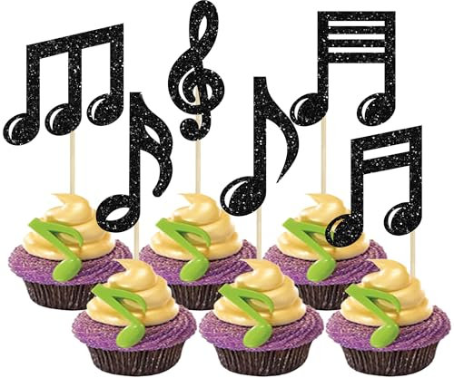 24Pcs Music Notes Cupcake Toppers Glitter Musical Symbol Cupcake Picks Musician Rock Concert Cake Decorations for Kids Birthday Baby Shower Wedding Birthday Party Supplies Black