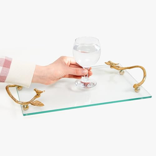 ACL Serving Tray with Golden Handles, Glass Decorative Tray, Coffee Table Tray, Luxury Display Tray Serving Platter for Home and Restaurant (Large)