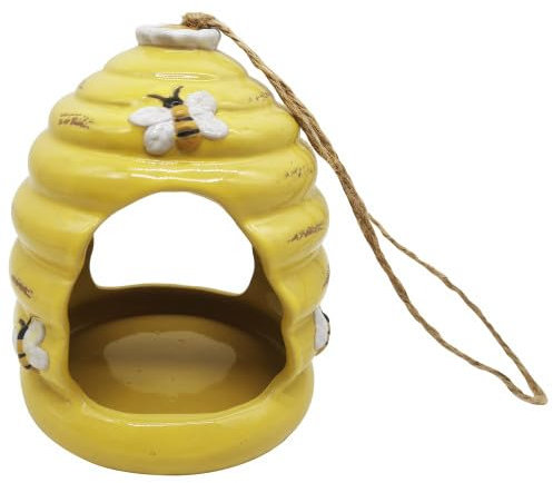 Ceramic Honey Pot Bird Feeder - Yellow Ornament Decoration - Beehive Birds Bath Garden Home Sculpture - Bee Birthday Gift Tree Hanger