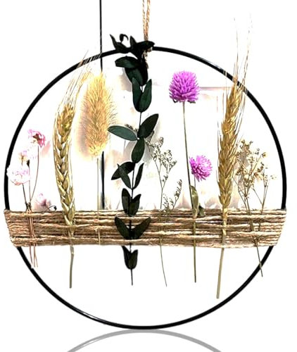 KSJEHW Trockenblumen Kranz 20cm Blumenkranz Deko,Hängende Boho Türkranz Blumenkranz Metallring mit Trockenblumen,DIY Natur Trockenblumenkranz Ring für Wohnzimmer Wand Tür Dekoration