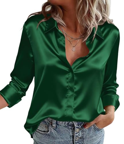 Zeagoo satinblus damer, V-ringad sidenblus, långärmad elegant blus, A-grön