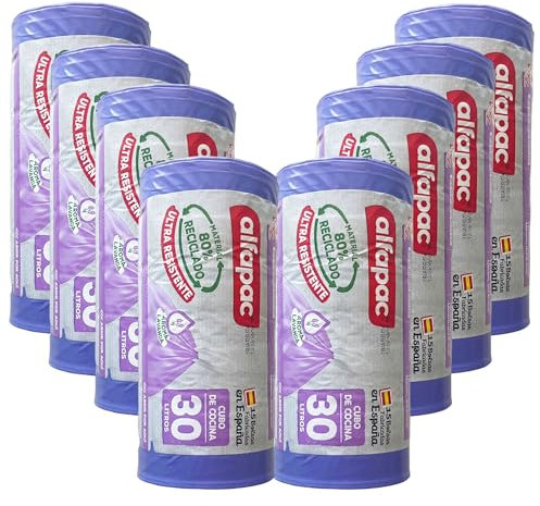 80% recycelt, 8 Rollen à 15 Müllbeutel (120 Beutel), Lavendel, sehr robust, dreilagig, auslaufsicher, 30 l, selbstverschließend