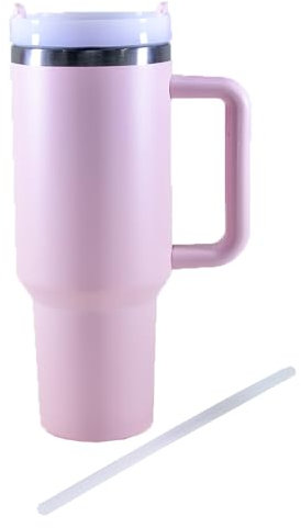 Kögler 13124 - Thermobecher mit Strohhalm und Henkel, 1200 ml, doppelwandiger Isolierbecher aus Edelstahl und Kunststoff, wiederverwendbarer Kaffeebecher in Rosa