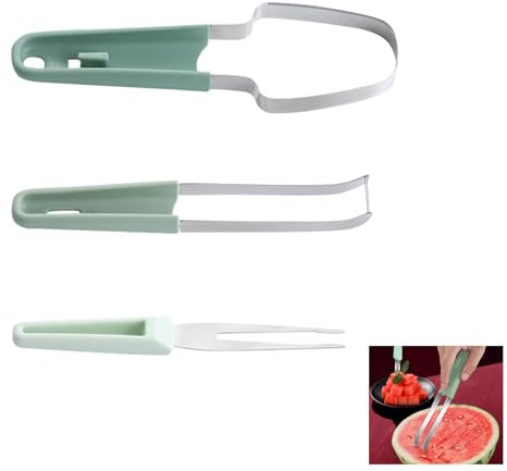 Cortador de sandía 3 en 1, cortador de frutas de acero inoxidable mejorado 2024, herramienta de corte de sandía, tenedores de frutas, Incluye Tenedor y Cuchillo Rebanador, Diseño Compacto y Ergonómico