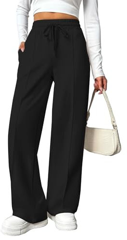 PINSPARK Damen Jogginghose High Waist Sporthose Weites Bein Sweatpants mit elastischem Bund Yogahose Trainingshose Fitness Sweathose Baggy Freizeithose mit Taschen Schwarz M