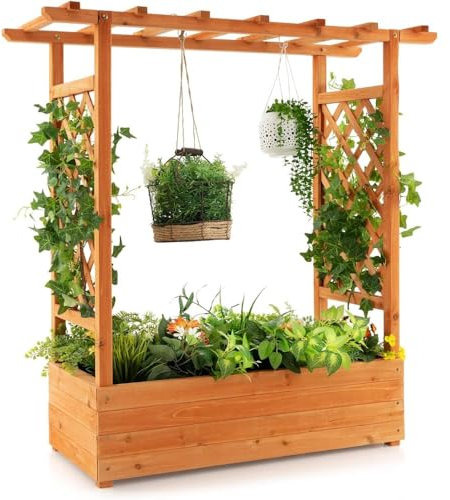 vase Outdoor Gardens Planters, Wood Planter Box with Hanging Roof, Side Trellis, Raised Garden Bed with Arch Trellis vase