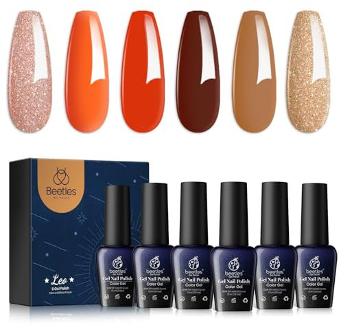 beetles Gel Polish Set, 6 Colours Golden Empire Orange Yellow Brown UV Gel Polish Set Soak Off Trendy Manicure Gel Nail Polish Kit for Girls Women Autumn Winter Thanksgiving Nails-CL120