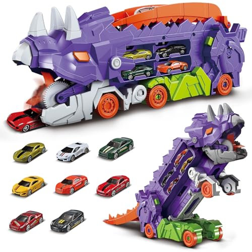 deAO Dino Transport Truck Jouet Dinosaure pour garçon avec 8 Voitures de Course en métal, Piste de Course Portable, kit de Jeu, Cadeau pour Enfants de 4 à 8 Ans, Violet