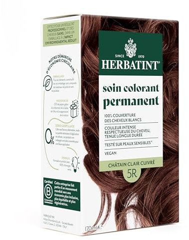 Herbatint Soin Colorant Permanent Cheveux 5R Châtain Clair Cuivré - 170ml | Sans Ammoniaque, 100% Couverture Cheveux Blancs| Testé Dermatologiquement pour Peaux Sensibles, avec 8 Extraits Végétaux Bio