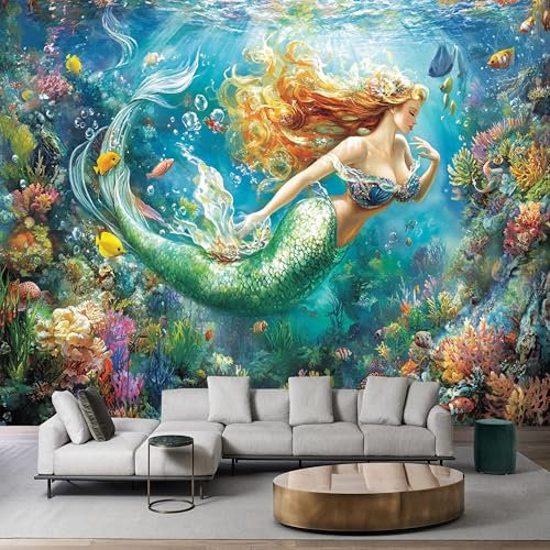 Mermaid Among Colorful Coral - Custom Size Wall Murals Self-Adhesive Removable Large Photo Wallpaper for Living Room, Bedroom, Bathroom, Office, Dining Room, Children's Room