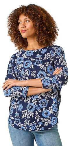 Roman Originals Stretchy Top for Women UK - Ladies Jersey Blouse Smart Casual Tunic Work 3/4 Length Sleeve Round Neck Boat Neckline Flattering Autumn Winter - Navy Floral - Size 12