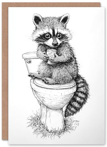 Artery8 Greeting Card Cute Raccoon On Toilet Funny Black White Drawing Blank For Him Or Her Art Birthday Card