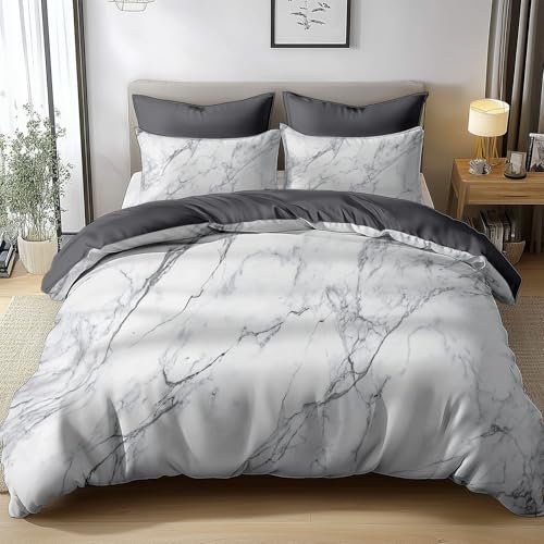 Bettwäsche 135x200cm Marmor Weiß Polyester Baumwolle Bettbezug Set, Weich Bügelfrei Bettwäsche-Sets für Kinder Junge Mädchen Zimmer Dekoration, mit Kissenbezüge