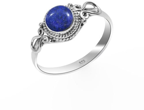 Lapislazuli Ring 925 Sterling Silber 100% Natürlicher Edelstein Ring, Statement Herren-Damen Ring Vintage Boho Handarbeit Ring Runde Form 6 mm Verlobungsring NH26-LPLA-5.5