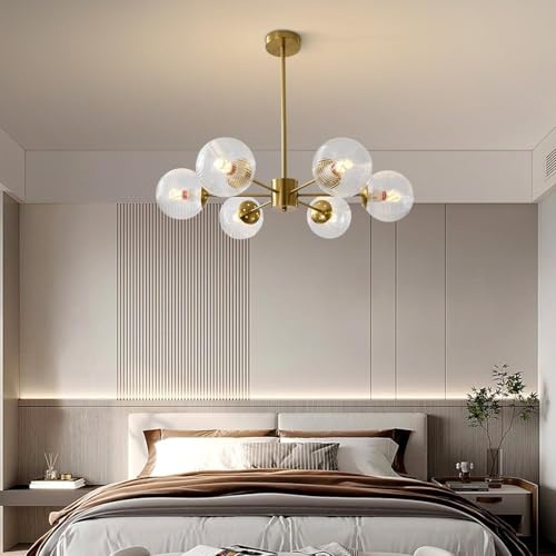VTAMng Suspension Luminaire Moderne du Milieu du siècle Lustre à 6 lumières plafonnier Spoutnik doré plafonnier Vert Vintage Lustre en Laiton brossé Lustre Globe en Verre pour Chambre Couloir