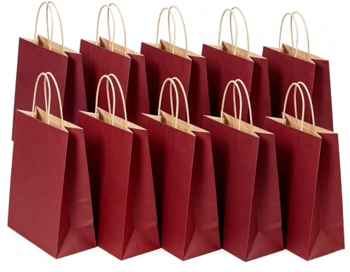 SHUBEIEUMI 10 Sacs Cadeaux en Kraft Avec Poignées,Rouge Vin | 21x15x8 cm Petite Taille Sacs en Papier pour Anniversaires, Mariages