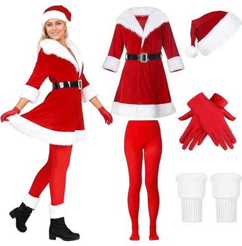 Weihnachtsmann Kostüm Damen Weihnachtsfrau Kostüm 6-teiliges Weihnachtskostüm Frauen Rot Weihnachtskleid mit Weihnachtsmütze Erwachsene Karneval Weihnachtsoutfit Sexy Weihnachten Santa Claus Kostüme
