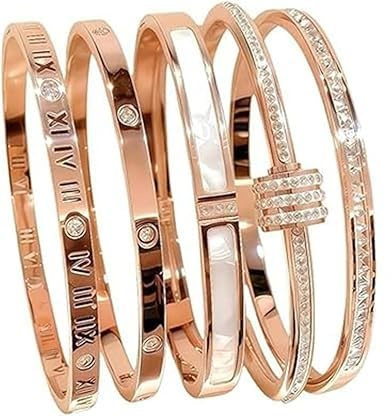 Eunmsi 5-Piece Elegant Stainless Steel Bracelet Set, Fashionable Classic Design,Non Tarnish Bangle,Gold Bead Bracelets for Men and Women,for Everyday and Formal Wear
