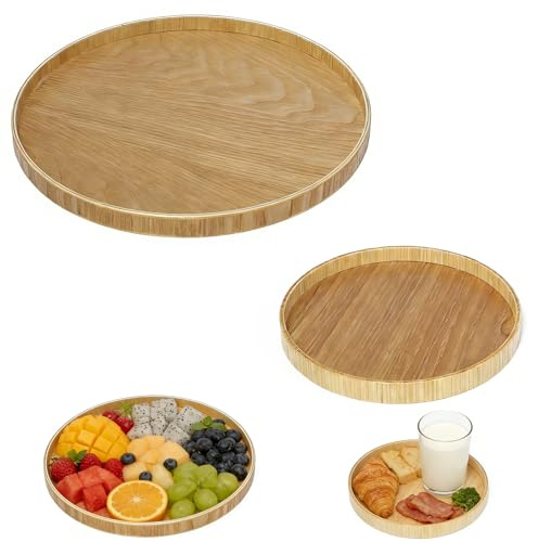 Neikafan 2 Pcs Wooden Tray Round 30/20cm Decorative Serving Tray for Coffee | Table Decorative Candle Trays Holder for Food, Dinner, Wax Sand Wood Serving Round Trays Plates for Decor Display