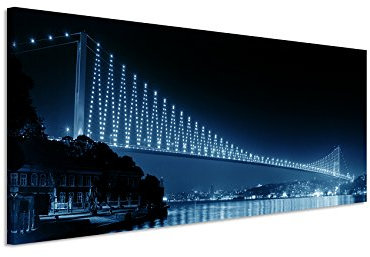 Sinus Art 150x50cm Wandbild – Farbe Blau Petrol Panoramabild Wandbild auf echter Leinwand in sehr hoher Qualität - Bosporusbrücke bei Nacht Istanbul