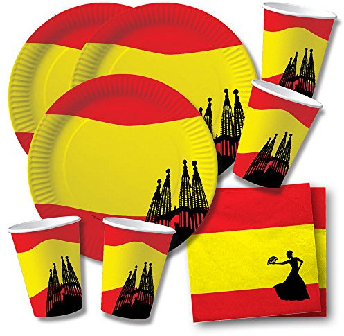 DH-Konzept Juego de 60 piezas para fiesta de España – platos, vasos y servilletas para 20 personas