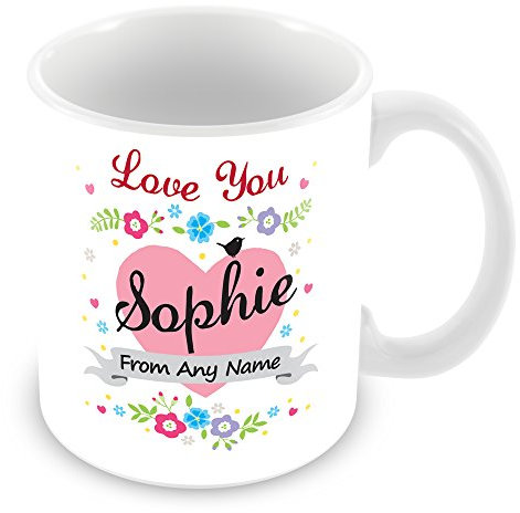 MUGGZ Personalised Mug with Name Sophie - Love Heart & Flowers Design Cup