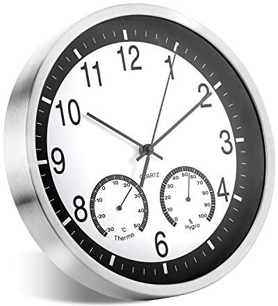 ALEENFOON 12 Zoll Modern Leise Wanduhren aus Metall für Wohnzimmer Küche Ohne Tickgeräusche Luftfeuchtigkeit Temperatur Feuchtigkeit Innenuhr Nicht Tickende Wanduhren Hängende Uhr