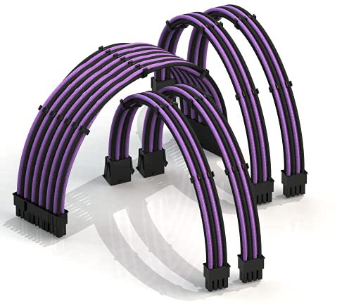 LINKUP - AVA 30cm PSU Kabelverlängerung Ummantelt GPU Nach Maß PC Stromversorgung mit Kamm-Kit | 1x 24 P (20+4) | 2X 8 P (4+4) CPU | 2X 8 P (6+2) GPU Set | 300mm - Lila Schwarz