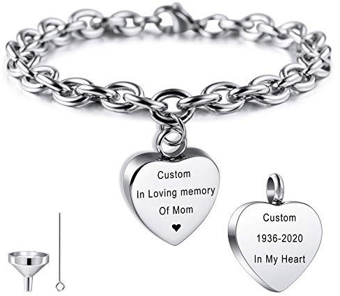 MeMeDIY Personalisierte Herz Urne Armband Gravur Fotoname für Frauen Mädchen Männer Junge Menschliche Asche Halter mit Verstellbarer Kette Memorial Cremation Andenken Trichter Kit