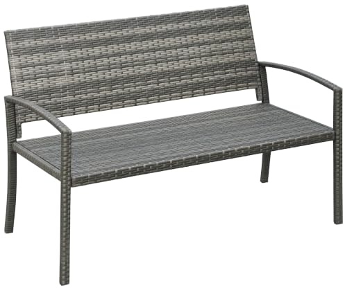 Outsunny 2 Seater Poly Rattan Garden Bench All Weather for Patio Grey | Wicker Garden Loveseat, Outdoor Seating Bench, 240 Load Capacity, Backrest, Armrests, Terrace, Balcony