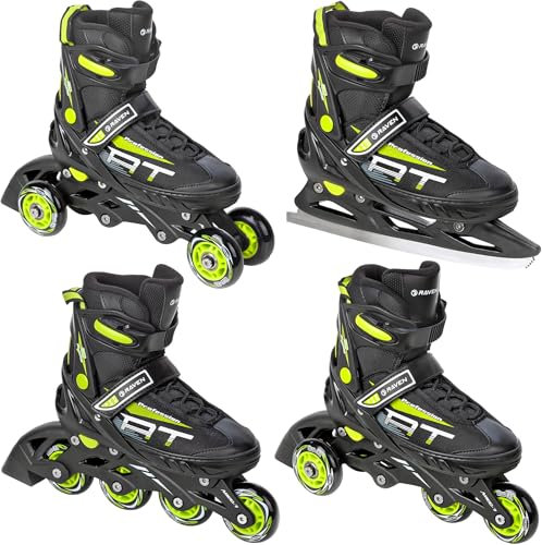 RAVEN Profession 4in1 Inlineskates Triskates Rollschuhe Schlittschuhe Inliner für Kinder und Erwachsene verstellbar (Black/Lime, 35-39 (23cm-25,5cm))