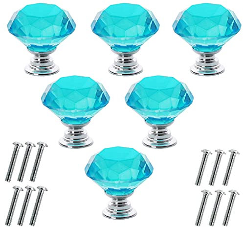 Akstore 6 Pcs Crystal Glass Cabinet Knobs 30mm Diamond Shape Drawer Kitchen Cabinets Dresser Cupboard Wardrobe Pulls Handles (30mm, Light Blue)