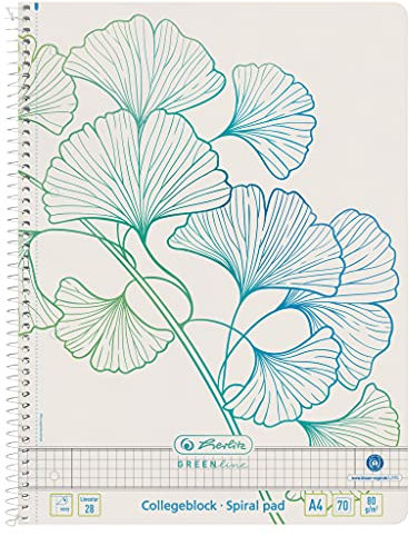 Herlitz Spiralblock GREENline A4, Lineatur 28, 70 Blatt, Motiv Ginkgo, 5 Stück