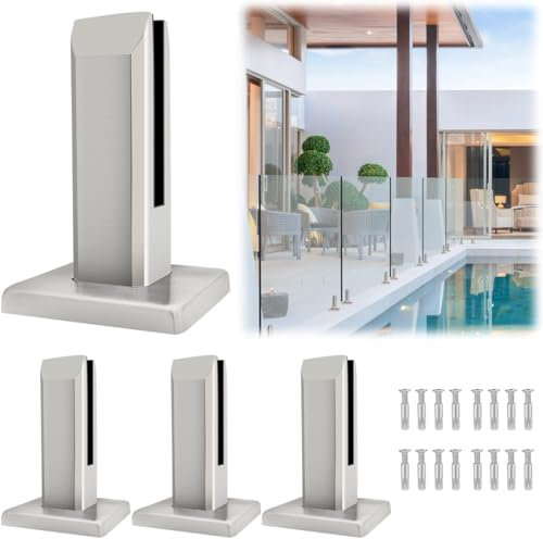 LukLoy 4 x 304 Edelstahl quadratische Glaszapfen Pool Zaun Zapfen Klemme Haus Garten Treppe Balustrade Geländer Balkon Glas Bodenklemme (4 Stück x 960 g Bürste)