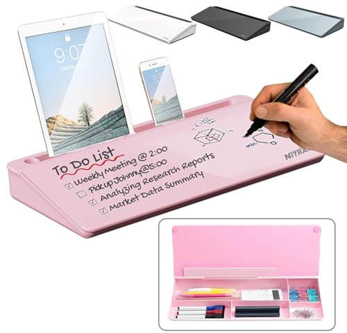 NITRAM Tableau blanc en verre avec tiroir de rangement et fente pour accessoires Dimensions : 40,5 x 18,5 x 6 cm. Avec effaceur et deux marqueurs (Rose)