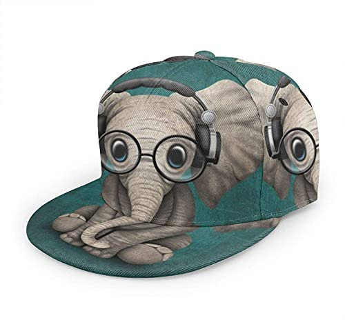 Oaieltj Unisex Baseball Cap Damen Herren Einstellbare Hip Hop Hut Mode Flache Schirmmütze Baseball Cap, Niedlicher Elefant mit Kopfhörer, One size