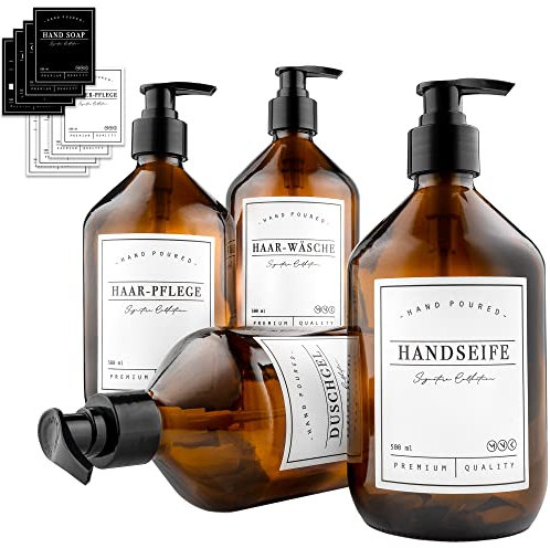 MONOKO 4er Set Seifenspender Glas Braun 500ml | Shampoo Flaschen zum Befüllen | Spülmittelspender Küche | Duschgel Spender + Aufkleber
