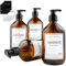 MONOKO 4er Set Seifenspender Glas Braun 500ml | Shampoo Flaschen zum Befüllen | Spülmittelspender Küche | Duschgel Spender + Aufkleber