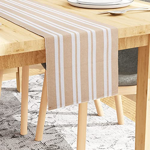 Encasa Tischläufer für 4 Seater-Esszimmer | Franca Beige Streifen | Feingerippte Baumwolle | Größe 32x150 cm | Über 20 Moderne Farben und gewebte Designs, maschinenwaschbar