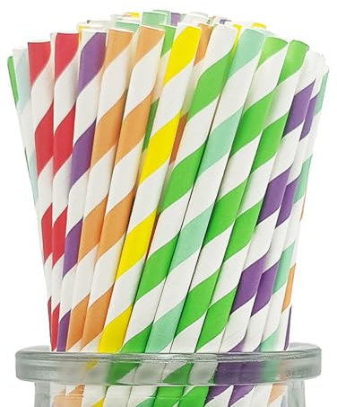 Coloris Rayée Pailles en Papier pour Fêtes, [Pack de 100] Fête Pailles 7 Couleurs Coloré pour Mariage, Bricolage, 100% Biodégradables, Compostables, Sans Plastique