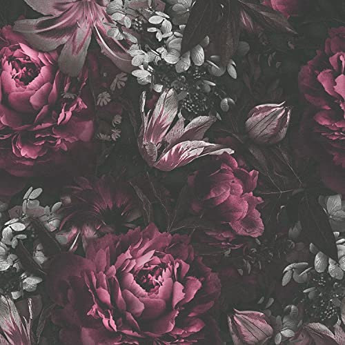 Romantic Floral Flower Pink Charcoal Anthracite Paste The Wall Vinyl Wallpaper