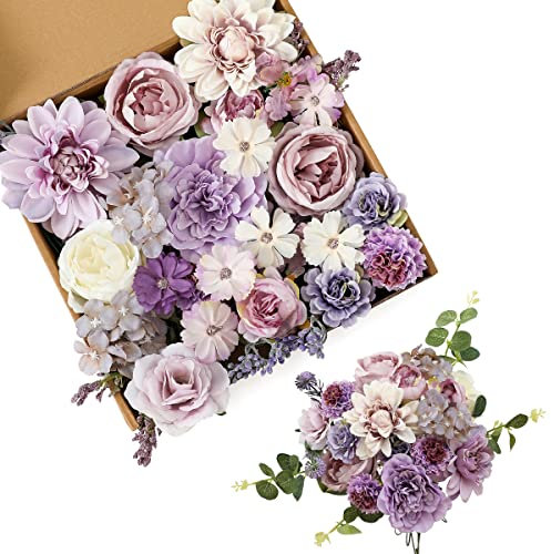 Kisflower Künstliche Blumen Lila Seide Künstliche Rogen Combo Pfingstrose Blume für DIY Hochzeit Brautstrauß Party Home Dekorationen (Lila)