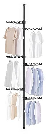 Hershii Garment Clothes Rack Coat Tree Clothing Drying Hanging Holder Organizer Standing Adjustable Laundry Pole Tension Rod Floor to Ceiling Indoor Corner Storage Shelf 6 Tiers - Black